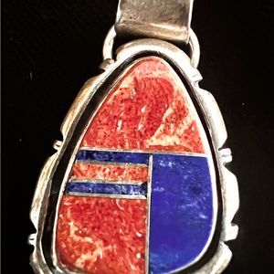 Navajo Spiny Oyster Shell & Lapis Post Earrings /Pendant Necklace Set On SS